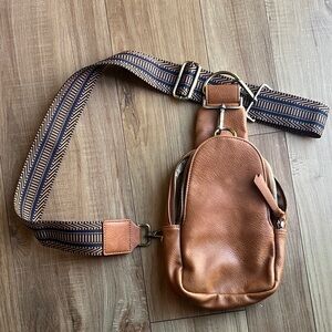 Anthropologie Brown Leather Crossbody Bag with Patterned Strap
